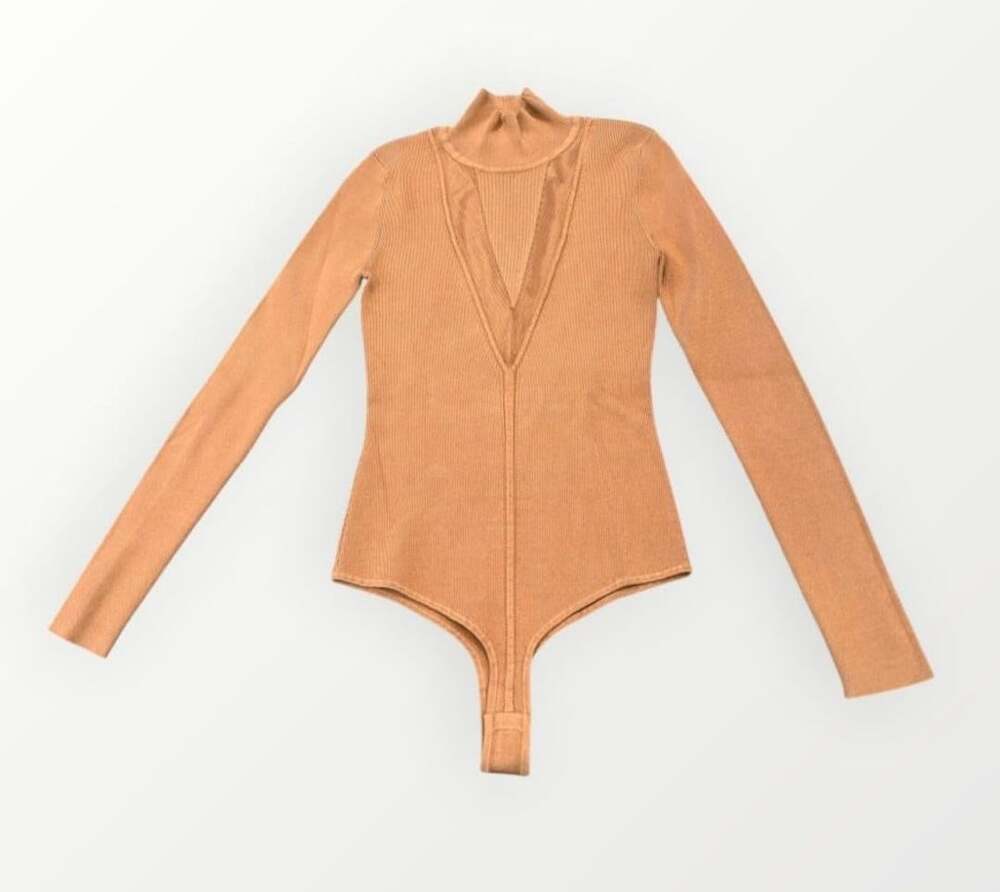 Cushnie Ribbed Bodysuit Brown Long Sleeve V-Neck